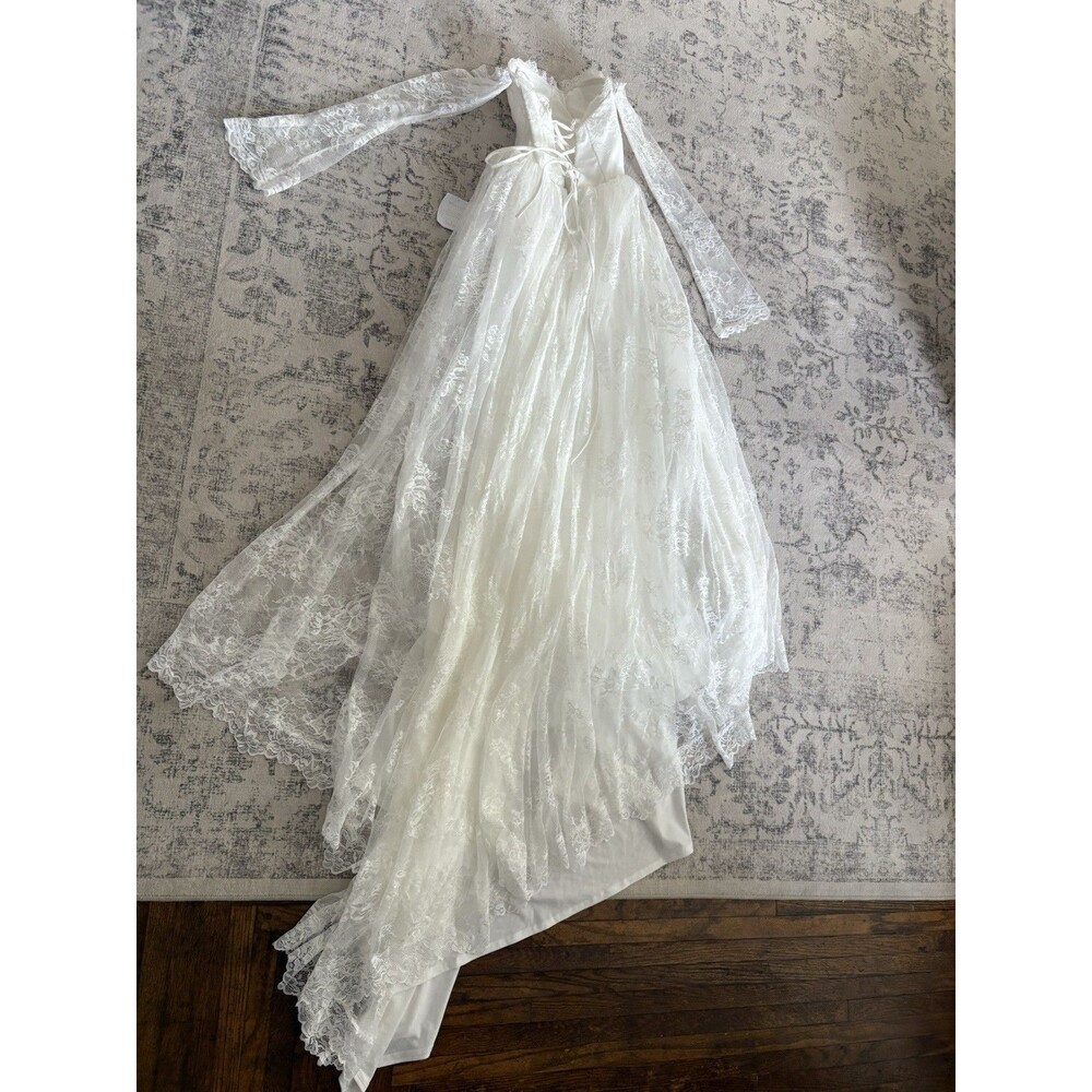 Lulu's Ivory Off-the-Shoulder Lace Bridal Gown with Lace-Up Back - Picture 3 of 8